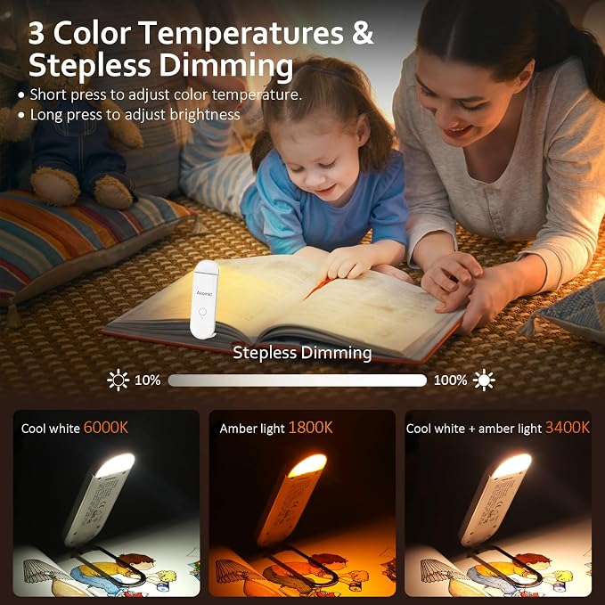 Akomid Book Light USB Rechargeable Clip on Reading Light, Eye-Cared Amber Light Mode Book Light for Reading in Bed Kids, 8 LEDs Bookmark Portable Stepless Dimming, White