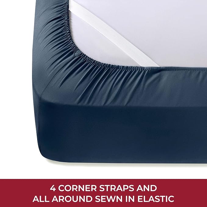 Mellanni RV Short Queen Sheets - 4 PC Iconic Collection Bedding | Hotel Luxury, Extra Soft, Cooling Bed Sheets - Deep Pocket up to 10 inch (RV/Short Queen, Navy Blue)