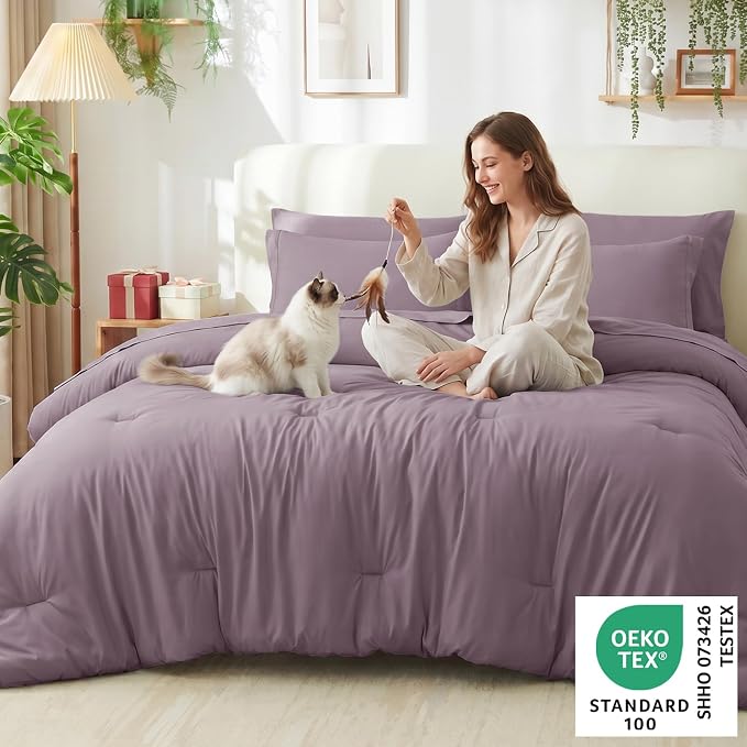 Twin XL Comforter Dusty Purple, 5 Pieces Bed in a Bag | College Dorm Essentials, OEKO-TEX Certified, 240GSM Down Alternative Comforter, Flat & Fitted Sheets, Pillowcase & Sham