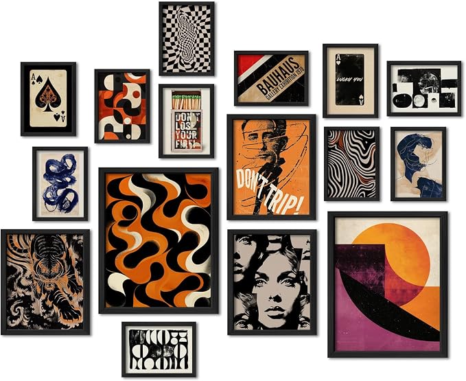 16 PCS Framed Retro 70s Wall Art Decor, Eclectic Vintage Wall Prints for Bedroom, Gallery Wall Frame Set, Abstract Posters for Living Room Aesthetic, Collage Kit, 60s 80s 90s Dorm Home Artwork