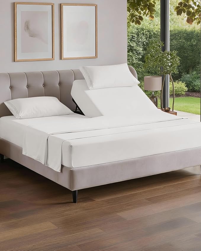 Flex Top Split Head King 4 Piece Sheet Set - Soft & Cooling - Antique White | Cooling Bed Sheets Set, Hotel Luxury Bedding for Women & Men with Deep Pockets, Wrinkle Free & Fade Resistant, Oeko-Tex