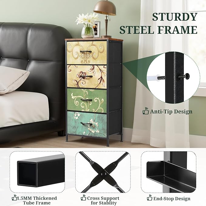 4 Drawers Dresser for Bedroom Fabric Storage Tower with Wooden Top | Steel Frame Tall Chest of Drawers for Closet, Entryway, Dorm, Floral Painted