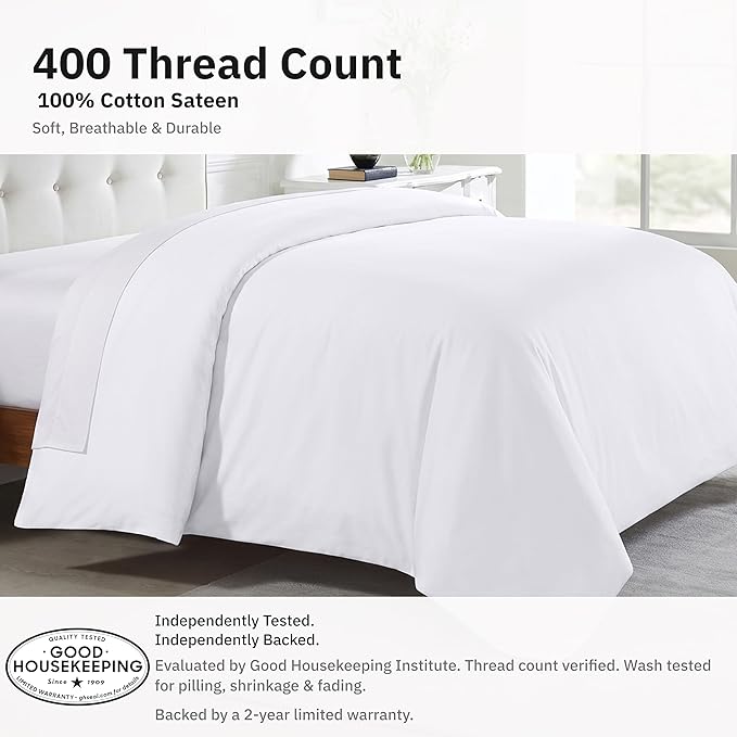 California Design Den Soft 100% Cotton Sateen Full/Queen Duvet Cover, White | Duvet Cover Only, Comforter Not Included, Backed by Good Housekeeping Seal, Button Closure & Corner Ties