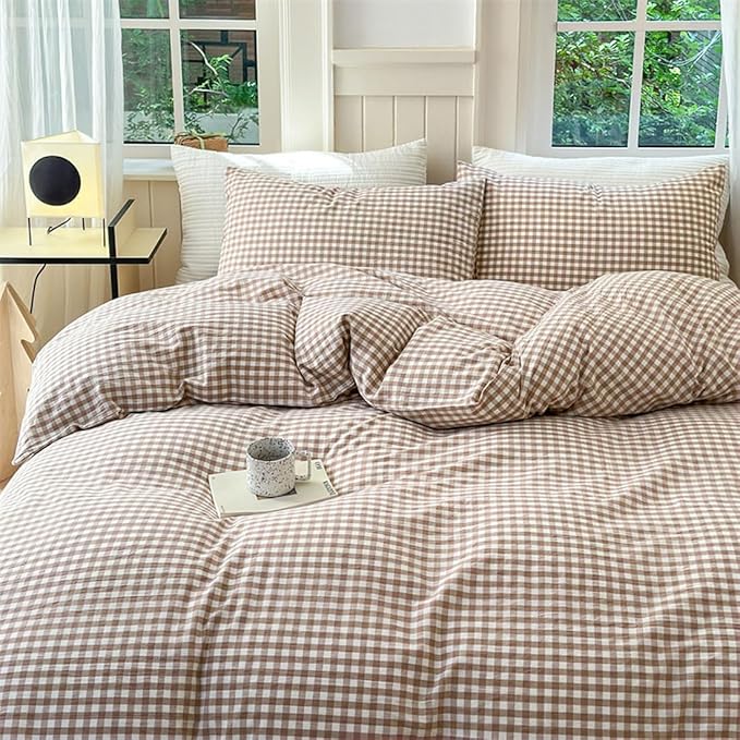 Nayoroom Brown Gingham Duvet Cover Set King Tan Plaid Checkered Bedding | Modern Farmhouse Cottage, Dorm Bedding, Soft Breathable Washed Microfiber, All-Season Comfort, Hidden Zipper, 4 Corner Ties