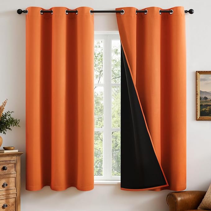 MIULEE Fall Orange 100% Blackout Curtains for Bedroom 40x45 Inch Length | 2 Thick Layers Thermal Insulated Short Curtains with Black Liner, Noise Reducing Grommet, Drapes for Living Room, 2 Panels