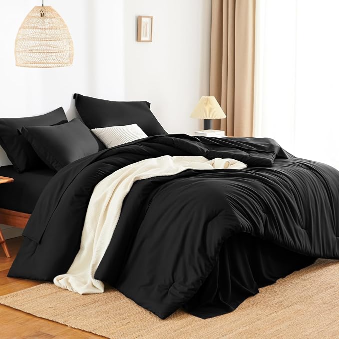HIMEET California King Comforter Set, 7-Piece Point-Quilted, Black | OEKO-TEX Certified, Lightweight 240 GSM Comforter, Flat Sheet, 14-Inch Deep-Pocket Fitted Sheet, Pillowcases & Shams