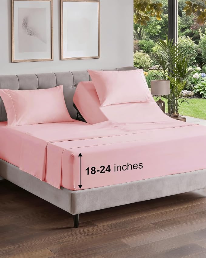 Flex Top Split Head King Sheet Set - 4 Piece Extra Deep Sheets - Baby Pink | Easily Fits 18 to 24 inch Mattress, Ultra Soft, Wrinkle & Fade Free with Extra Deep Pockets, Comfy Hotel Luxury Bedding