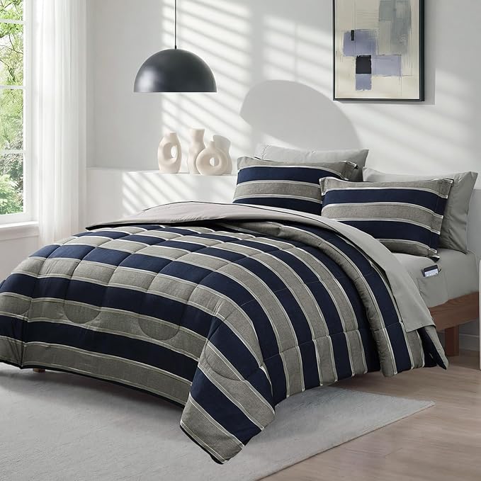 Monbix Queen Comforter Set-7 Pieces Striped Bed in a Bag Queen Bedding Sets | All Season Grey Reversible Soft Comforter Bed Set with Sheets, Pillowcases & Shams