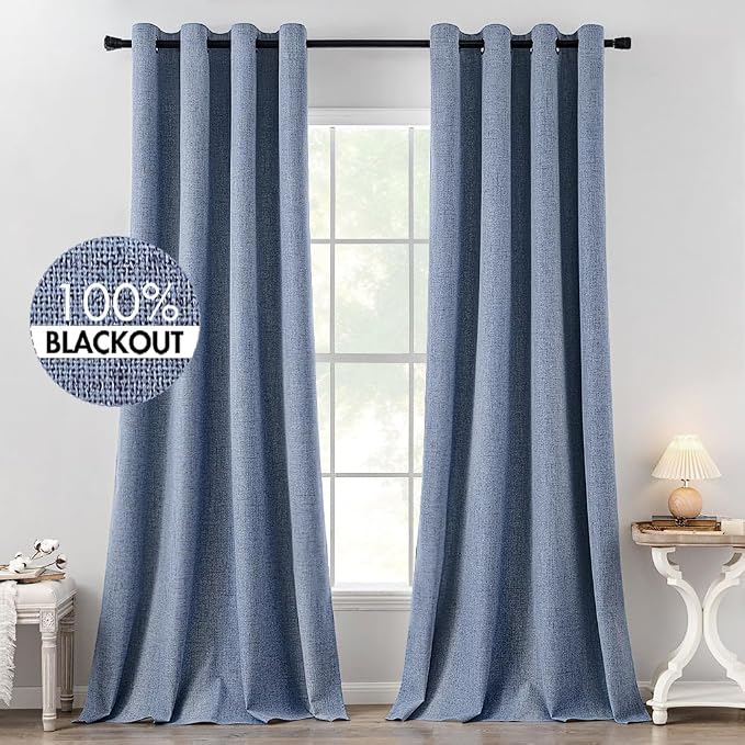 MIULEE 100% Blackout Linen Curtains for Bedroom 52x120 Inches Stone Blue | Room Darkening, Light Blocking, Thermal Insulated, Grommet Top, Linen Textured, Window Curtains for Living Room, 2 Panels