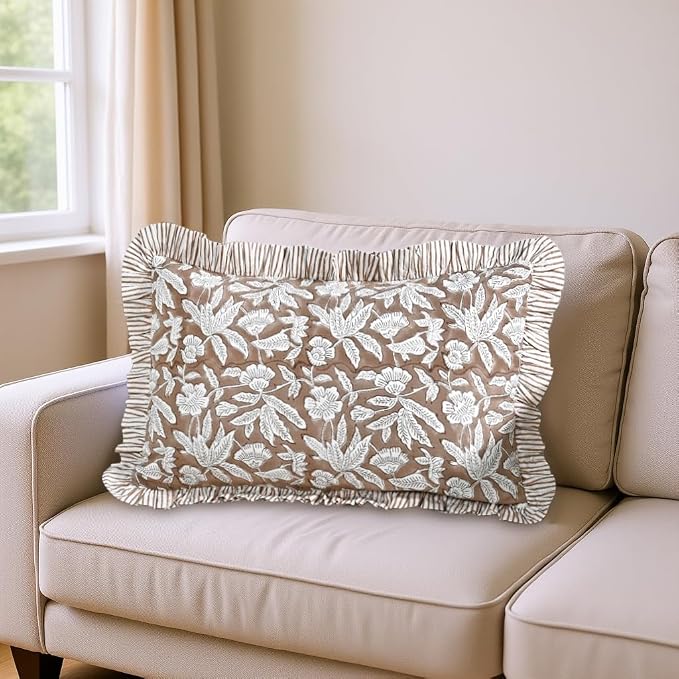 Ridhi Block Print Oak Brown Ruffle Lumbar Pillow Shams, 20" x 12" Set-1 | 100% cotton, Floral Pillowcase, Cushion Cover, Hidden Zipper, Cottagecore Bedding, farmhouse boho style, fits couch, sofa,Bed