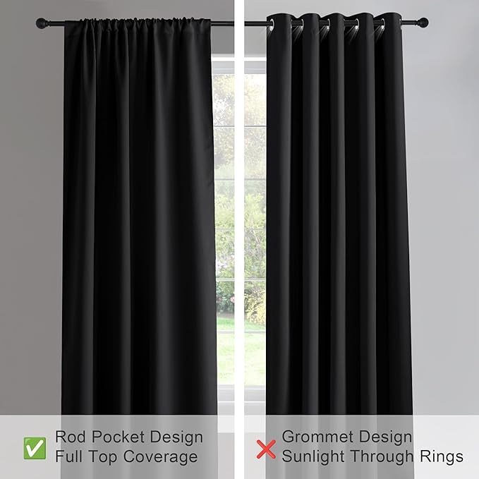 PONY DANCE Blackout Short Window Curtain Panels 40 inch Long, 2 Panels | Thermal Insulated Rod Pocket Drapes for Bedroom Dorm Storage Cabinet Basement Farmhouse Decor, Black, W 42 x L 40 inches