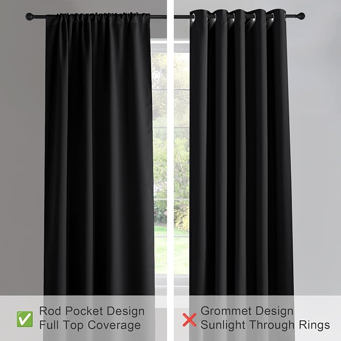 PONY DANCE Black Out Curtains 72 inch Long, Black, 2 Panels | Blackout Solid Rod Pocket Thermal Insulated Panels for Bedroom Living Room, Energy Efficient Window Drapes, 42"W x 72"L