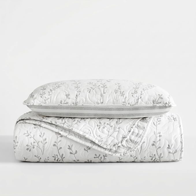 Merit Linens Soft Quilt Coverlet Bedding Set - Reversible Patterns - Twin/TwinXL Light Gray