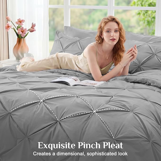 JOLLYVOGUE Twin XL Comforter Set 5 Pieces - Bed in a Bag Twin XL for All Season, Pintuck Bedding Comforter Sets with Comforter, Flat Sheet, Fitted Sheet and Pillowcases & Shams, Light Grey