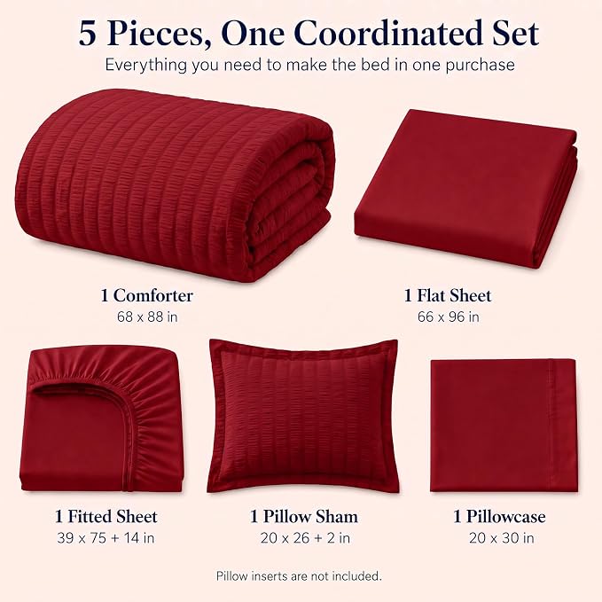 Twin Comforter Set, 5 Pieces Dark Red Seersucker Bed in a Bag | OEKO-TEX Certified, All Season Bedding Sets with 240 GSM Down Alternative Comforter, Flat & Fitted Sheets, Pillowcase & Sham