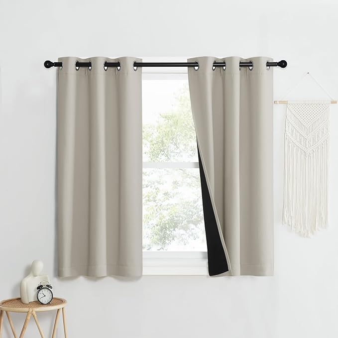 NICETOWN Natural Blackout Curtains for Kitchen 37" w x 50" L 2 Panels | 100% Room Darkening Lined 2 Thick Layers Narrow Wide Window Treatment Panels Thermal Insulated Drapes for Small Window Decor