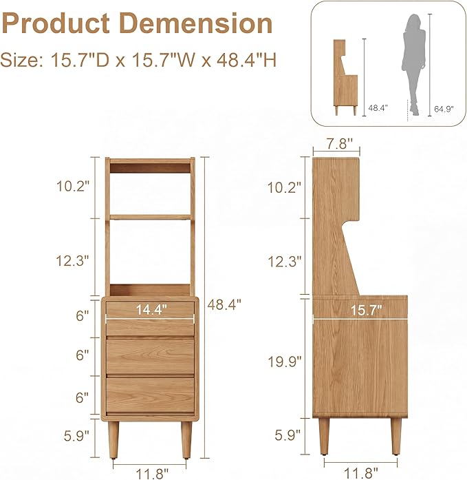 Solid Wood Bookshelf Nightstand Combo, Tall Nightstand with Bookshelf | Oak Nightstand Bookshelf,Narrow Nightstand with Drawers,Open Shelf Bookcase,for Bedroom,Living Room,Offices
