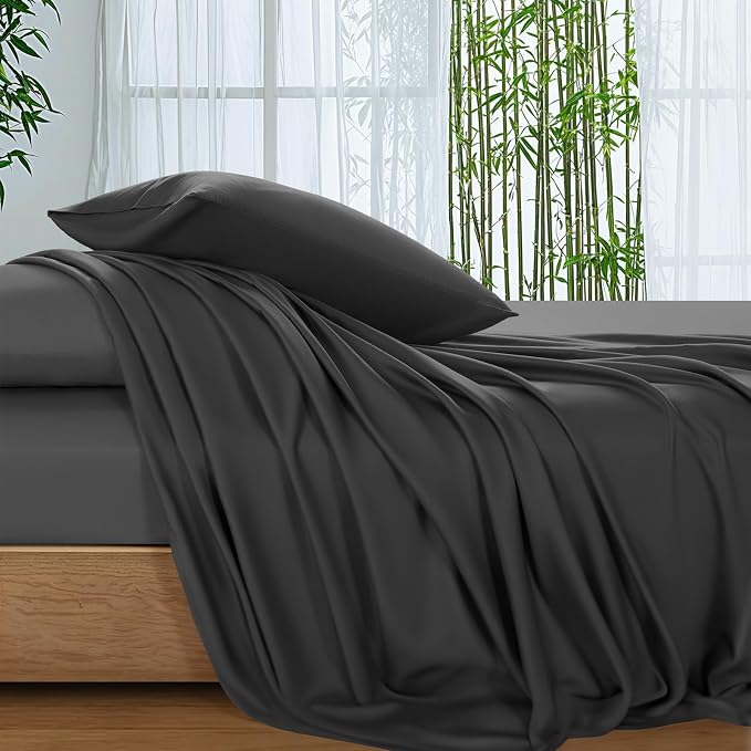 SONORO KATE 100% Viscose Derived from Bamboo_Sheets Queen Size,4PC | Cooling Bed Sheets for Hot Sleepers,Soft Breathable & Silky,16" Deep Pocket,Luxury Hotel Bedding,Black