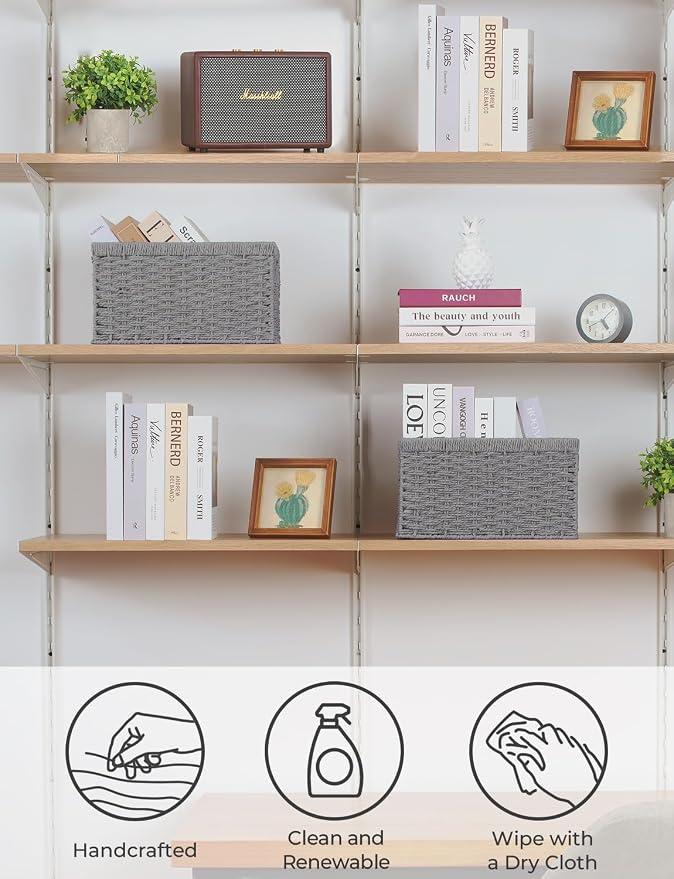 StorageWorks Wicker Storage Baskets, Gray Baskets for Storage, 2-Pack | Paper Rope Wicker Storage Baskets for Shelves, Rectangular Wicker Baskets with Handles, Handwoven Grey Baskets, Woven Baskets