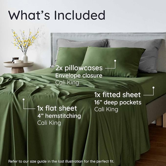 Bambaw California King Sheet Set 4pcs – 100% Viscose Derived from Bamboo Sheets Deep Pocket, Fits Up to 16'' Mattresses, Super Soft & Temperature Cooling Bed Sheets (Olive)