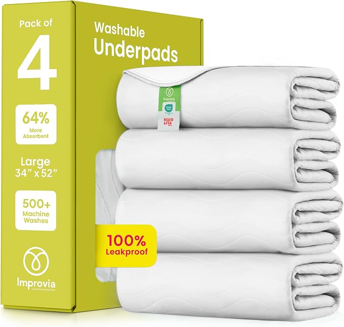 IMPROVIA® Washable Underpads, Heavy Absorbency Reusable Incontinence Pads for Kids, Adults, Elderly, and Pets, Waterproof Protection Floor (White, 34"x52" (Pack of 4))