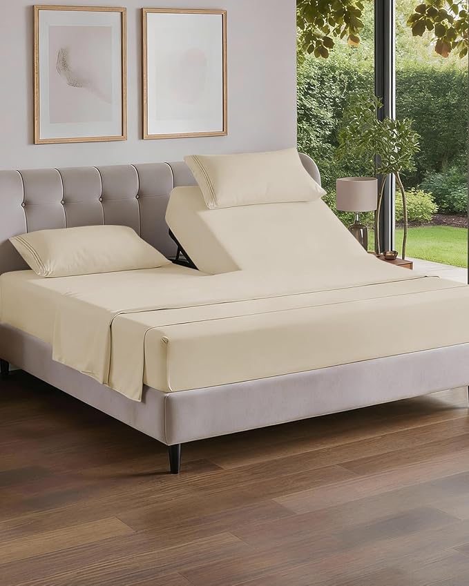 Flex Top Split Head King 4 Piece Sheet Set - Soft & Breathable - Off White | Cooling Bed Sheets Set, Hotel Luxury Bedding for Women & Men with Deep Pockets, Wrinkle Free & Fade Resistant, Oeko-Tex