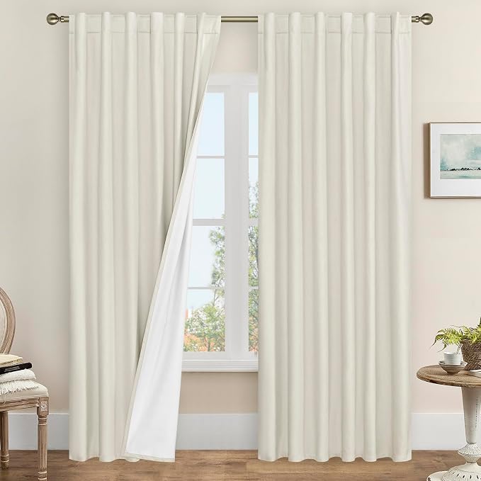 100% Blackout Linen Curtains for Living Room 95 Inch, 52 x 95 Inch | Ivory, Thermal Insulated Bedroom Curtains, Farmhouse Neutral Panels, with White Liner, Rod Pocket Back Tab, 2 Panels