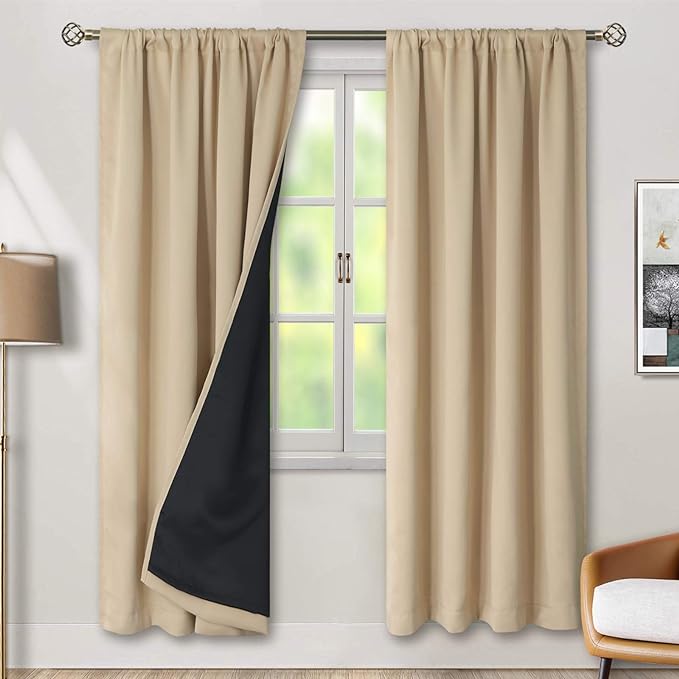 BGment Beige Blackout Curtains for Bedroom 63 Inch Length 2 Panels | Thermal Insulated, Room Darkening Curtains, Rod Pocket Soundproof, Living Room Window Curtains, 42 x 63 Inch