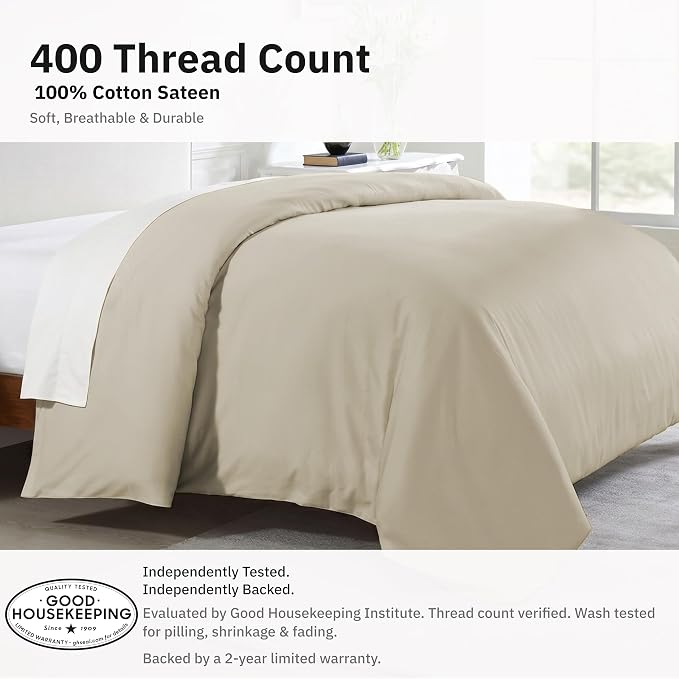 California Design Den Soft 100% Cotton Sateen Twin XL Duvet Cover, Beige | Duvet Cover Only, Comforter Not Included, Backed by Good Housekeeping Seal, Button Closure & Corner Ties