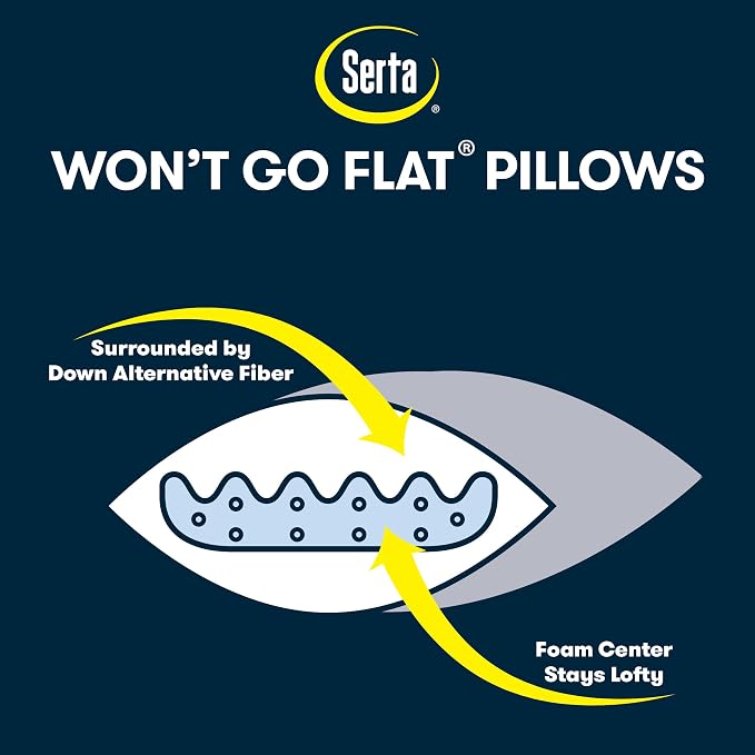Serta Won't Go Flat Down Alternative Bed Pillows, Extra Life Foam Core with Medium Support, Perfect for Back, Stomach or Side Sleepers (2 Pack), Standard/Queen, White