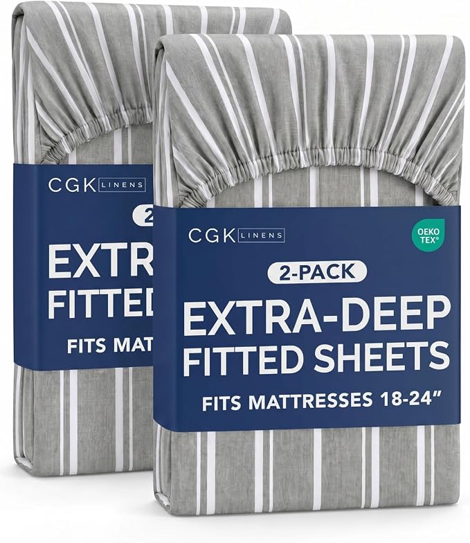 2 Pack Extra Deep Queen Fitted Sheets with Deep Pockets - Grey Stripes | Hotel Luxury Bottom Fitted Sheets Only, Soft, Fade & Wrinkle Free, Breathable & Comfy, All Around Elastic Fitted Sheets
