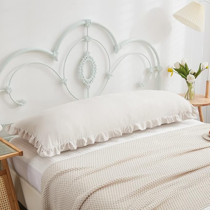 Beige Grey Body Pillow Cover 20x54inches Long Pillowcase Ruffled Pillowcases Shabby Chic Ruffled Fringe Decor Cute Body Ruffled Pillow Sham