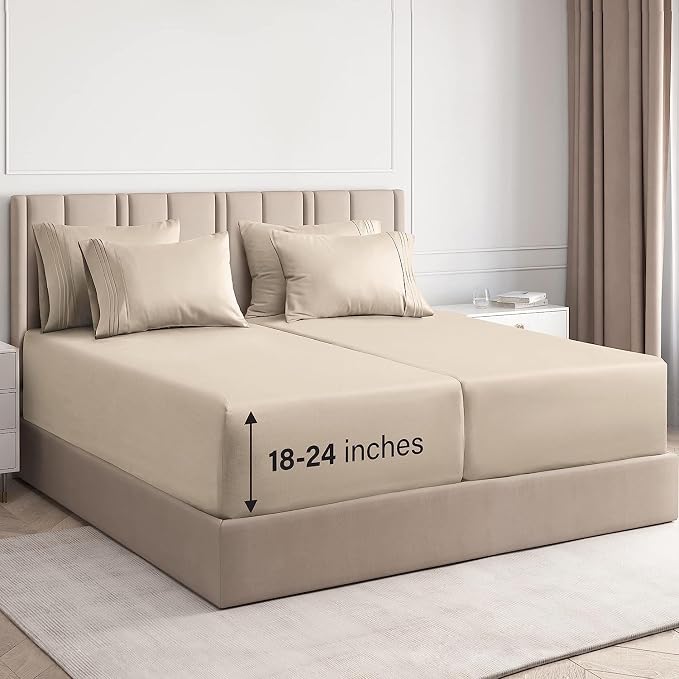 Extra Deep Split King Sheet Set - 7 Piece Breathable Cooling Sheets - Cream | Hotel Luxury Bed Sheets Set, Easy & Secure Fit, Ultra-Soft, Wrinkle & Fade Free, Comfy Sheets Set with Extra Deep Pockets