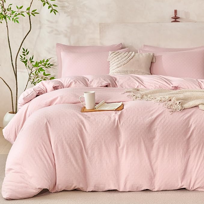 Pink Comforter Set Queen Polka Dot Soft Luxury Washed Microfiber Jacquard 3 Pieces Bedding Set, Pink Polka Dot Pattern Comforter with 2 Pillowcases Breathable Durable Comfy