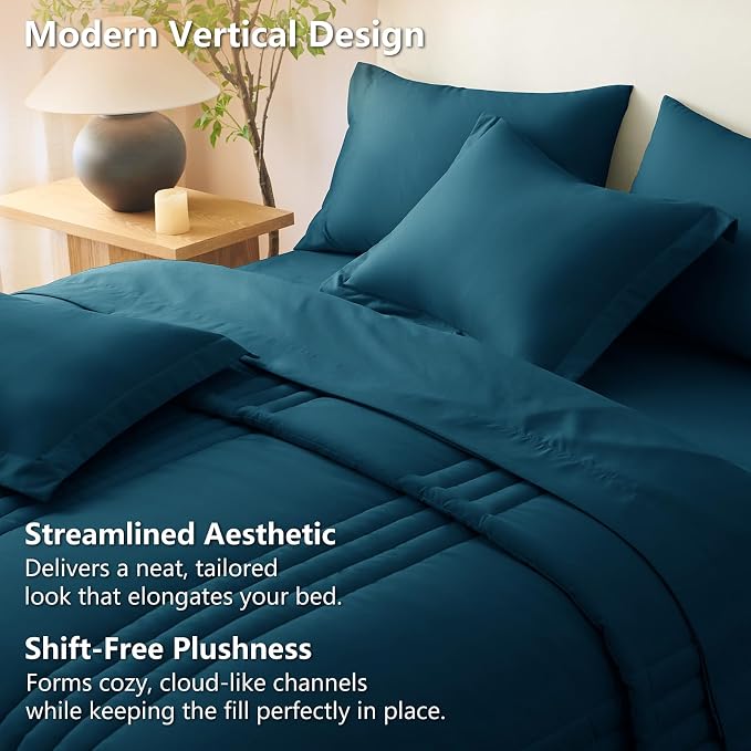 King Size Comforter Set Lyons Blue- 7 Pieces Bed in a Bag | OEKO-TEX Certified, 240GSM Down-Alternative Comforter, 14" Deep-Pocket Sheets, Shams & Pillowcases, Lightweight