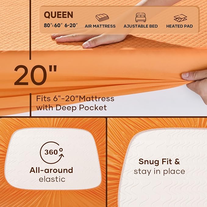 OhGeni 100% Waterproof Mattress Protector,Queen Size Mattress Soft Pad,Pet Hair & Bedwetting Resistant,Cooling Breathable Fitted Sheets,Washable Bed Cover Over 99 pcs Hex Filled Bumps,Orange