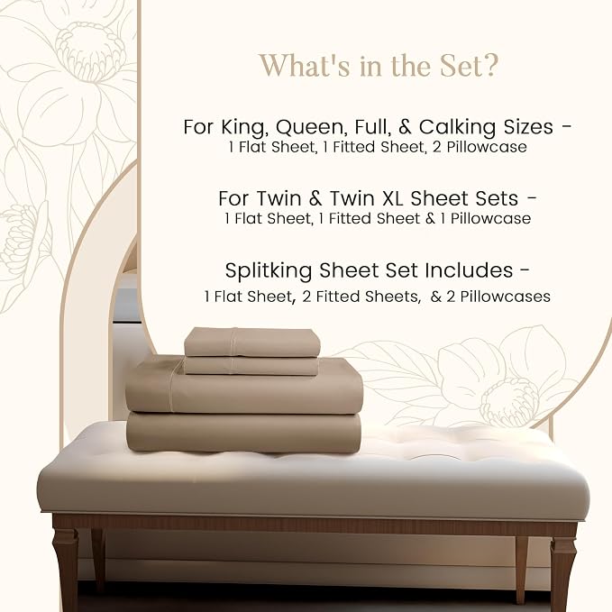 King Sheet Set, 100% Cotton Bed Sheets Sateen Weave King Size Sheets -Taupe | 15" Deep Pocket, 800 Thread Count, 4 piece Luxury Bedding, Buttery Soft & Breathable, Machine Washable, OEKO TEX Certified