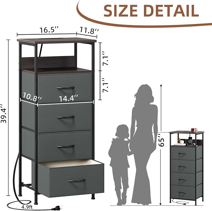 Somdot Tall Nightstand with 4 Drawers, Charging Station & LED Light | Fabric-Bin Dresser for Bedroom, Bedside, Kids Room, Dorm, Closet, Laundry and Entryway, Charcoal Grey