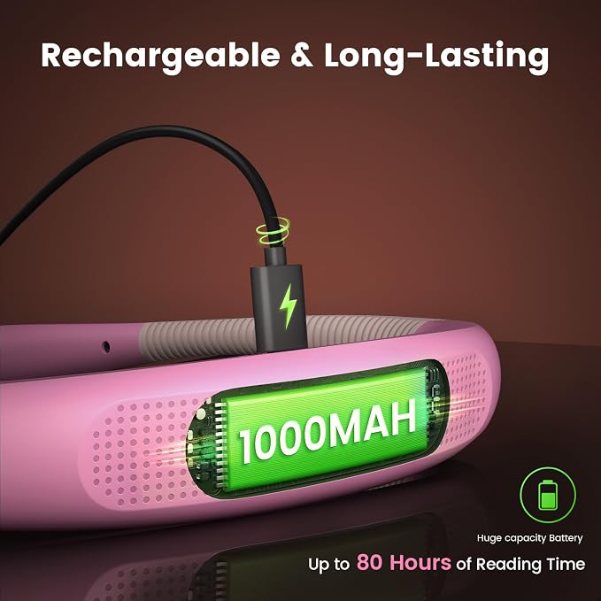 Glocusent Reading Light,Pink Neck Light,80-hr Rechargeable Book Light | 3-Color&6-Brightness, USB-C,LED Neck Reading Light,Women, Travel,Portable, Repairing,Crochet, Christmas, Book Lovers Gifts