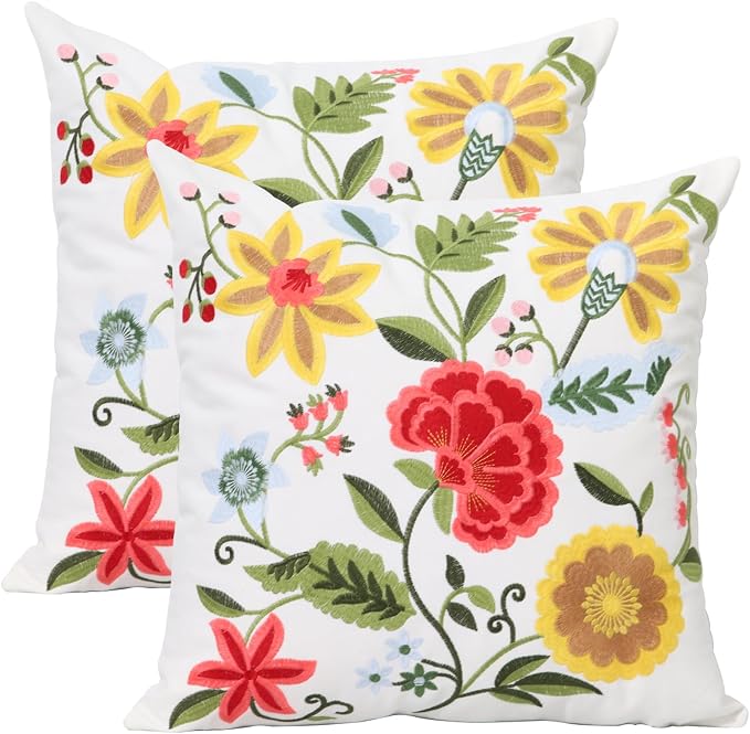 Pack of 2 Embroidered Decorative Throw Pillow Cover 18x18 Inch Farmhouse Floral Pillowcase for Living Room Sofa Bed (Boho Flower)