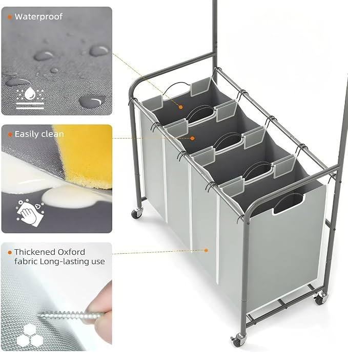 ROMOON Laundry Hamper Sorter Cart, 4 Section Organizer with Hanging Bar | 180L Rolling Laundry Basket with Heavy-duty Lockable Wheels and Clothes Rack for Laundry Room, Closet, Small Spaces, Grey
