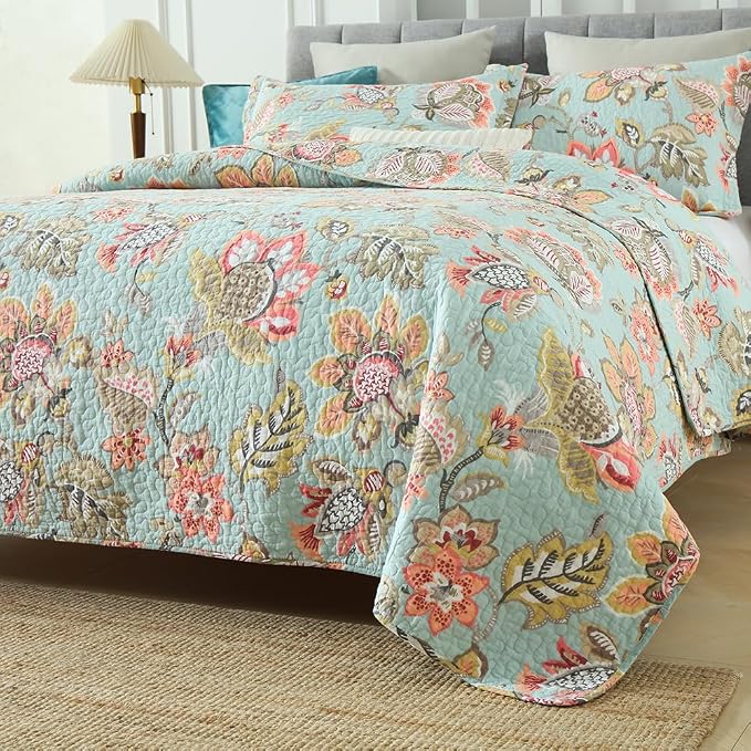 Wistown Cotton Bedspread Bedding Coverlet Quilt Sets, Reversible Vintage Branch Floral Bedspread comforters, (Vintage Floral Blue Pattern, Queen Size)