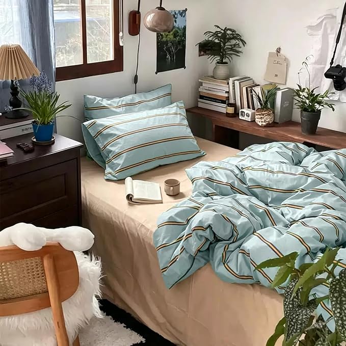 mixinni Retro Mint Blue Striped Duvet Cover Set - 100% Natural Cotton 3-Piece Vintage Stripes Pattern Printed Bedding Set, Soft Breathable Comforter Cover with Zipper & Ties, Twin XL Size