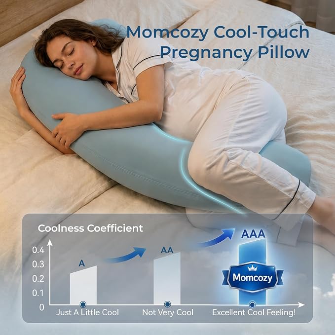 Momcozy J Shaped Pregnancy Pillow, Maternity Body Pillow for Side Sleepers | Cooling Body Pillow with Removable Cover for Head Neck Belly Support, Side Sleeper, Must-haves for Pregnant Women Blue