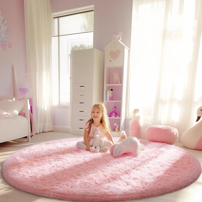 Ophanie Round Rugs 6Ft Pink Circle Area Rug,Fuzzy Bedroom Carpet,Large Shag Plush Floor Kawaii Christmas Living Room Rugs 6 Foot,Cute Room Decor for Kids Teen Girls Baby with Over 99 pcs Pile fibers
