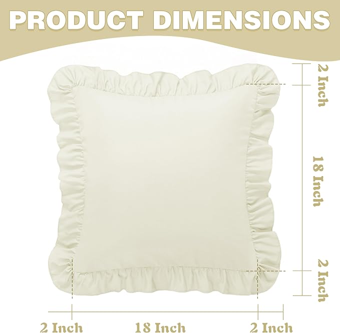 KKJIAF 2 Pack Ruffle Pillow Cases 18x18 Inches, Beige | Square Ruffled Pillow Covers, Microfiber Wrinkle Resistant Pillow Shams with Envelope Closure for Sofa Bed Living Room