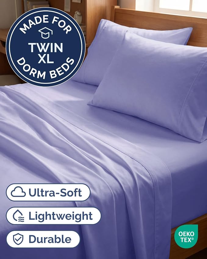 Twin XL 4 Piece Sheet Set - College Dorm Room Essentials - Lavender | Ultra Soft Dorm Bedding Set, 8" to 16" Inch Deep Pockets, 1 Flat & 1 Fitted Sheet & 2 Pillowcases, Wrinkle & Fade Free