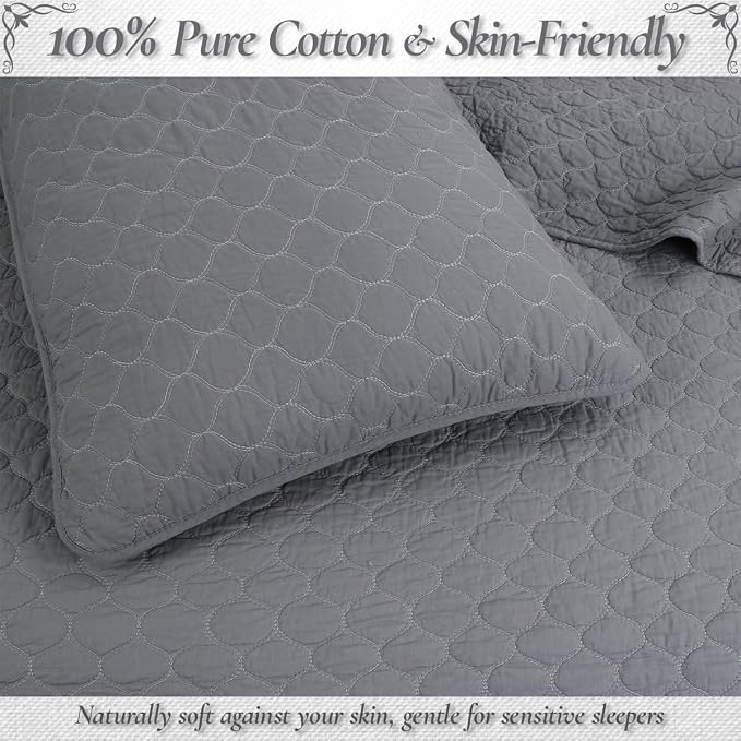 Cozy Line Home Fashions 100% Cotton Quilt Set – 3-Piece Charcoal Gray Solid Classic Modern Quilted Bedspread with Shams, Lightweight All Season Modern Bedding (Honeycomb Gray, Queen)