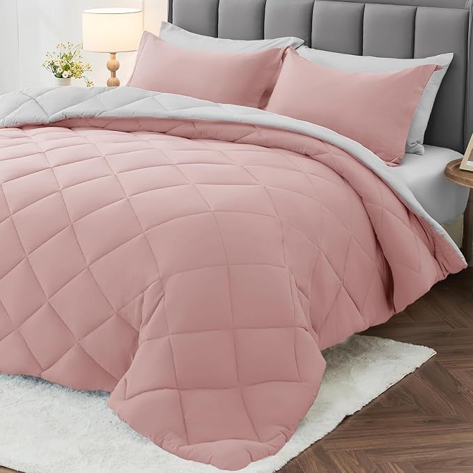 7 Pieces Queen Comforter Set, Reversible Bed in a Bag Queen Size, All Season Bedding Set with Comforter, Flat Sheet, Fitted Sheet, Pillowcases & Shams, Pink & Light Grey