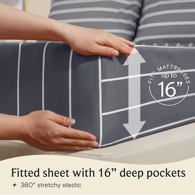 Cal King Striped Sheets Set, Deep Pocket Soft & Cooling Bed Sheet, 4PC | LuxClub Silky Fitted Sheet & Pillowcase Sets, Breathable Hotel Luxury Bedding for Mattress Wrinkle Free, Light Grey